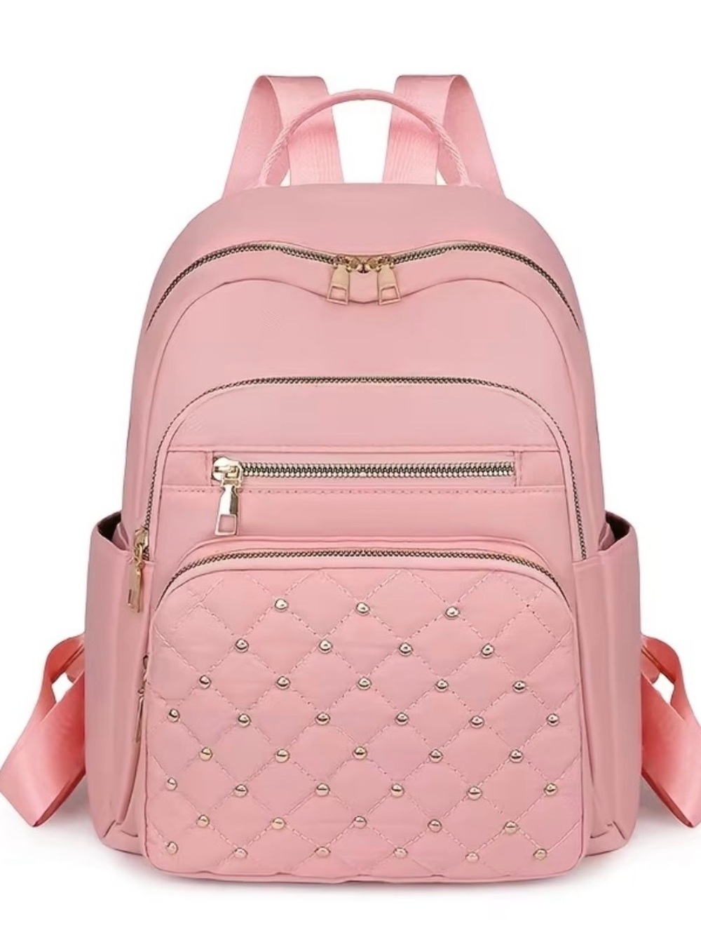 Pink Quilted Women's Backpack with Gold Embellishments